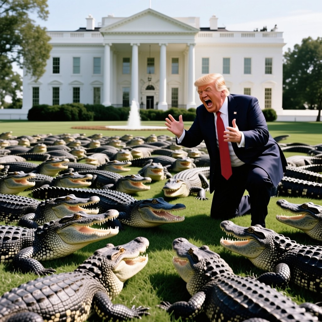 Trump about to be eaten by a lot of alligators